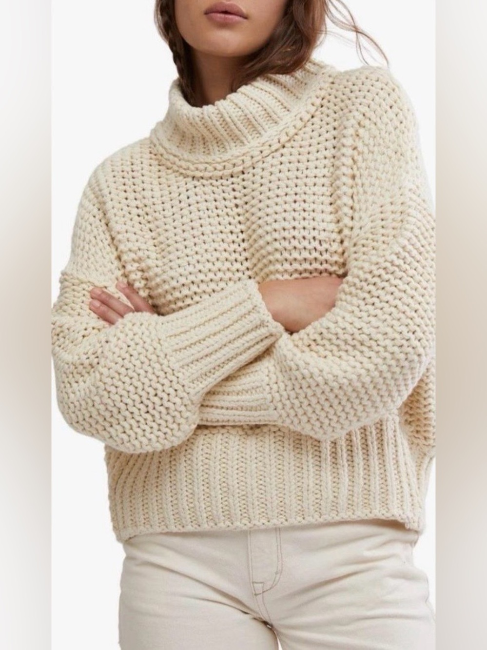 Free People My Only Sunshine Sweater Womens L Beige Chunky Cotton Blend Pullover